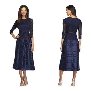 Alex Evenings Tea-Length A-Line Dress with Lace Bodice in Navy Size 14P